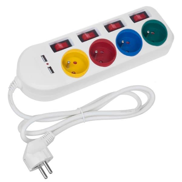 Eluttag - Maclean - MCE229 - 4 uttag + 2xUSB - Separata strömbrytare - 1,5m vit