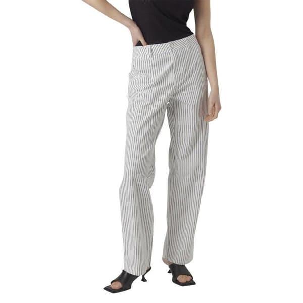 Beige randiga bomullbyxor med bootcut passform och medelhög midja