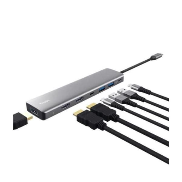 Multifunktionsadapter - TRUST - Dalyx - 7 i 1 - 4K vid 60 Hz - USB PD 3.0 - Grå aluminium