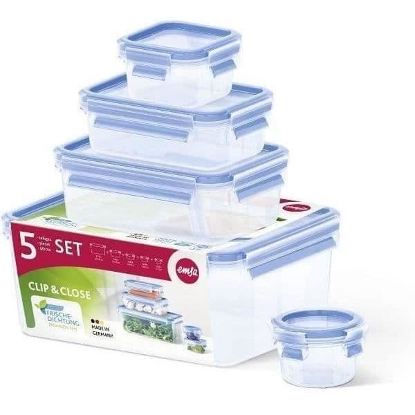EMSA Set med 5 Clip&Close-behållare - 0,25/0,55/1/1,2/2,3 L - Rektangulär
