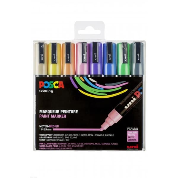Markers - POSCA - Set om 8 - Medelkonisk spets - Opaqua pastellfärger