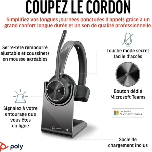 Poly Voyager 4310 UC — trådlös Bluetooth 5.2 mono-headset, brusreducerande mikrofon, certifierad för Teams