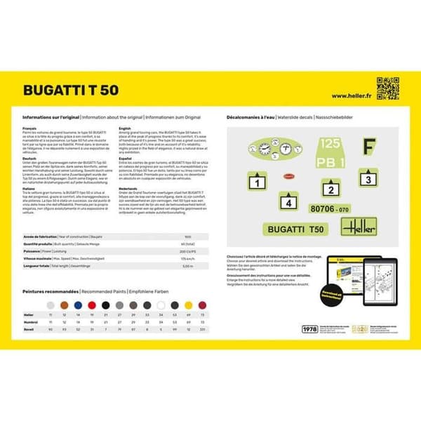 BUGATTI T.50 HELLER bilmodell - skala 1/24 - CLASSIC sortiment