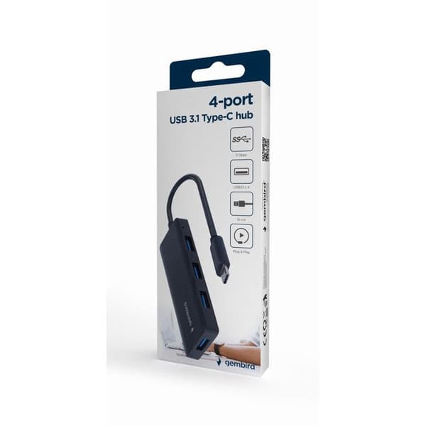 USB-C 3.1 Hub - Gembird - 4 portar - Svart - Kompakt - Elegant
