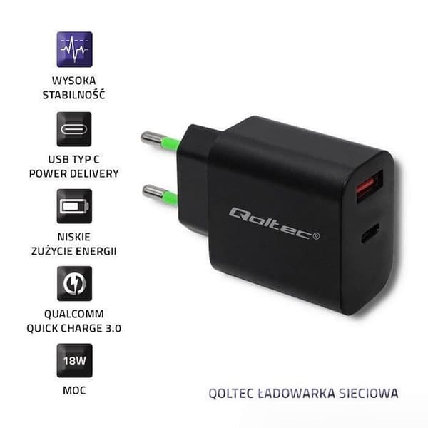 Qoltec Laddare 18W 5-12V, 1,5-3A, USB-C - 5901878517131