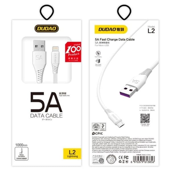 USB-Lightning-kabel - DUDAO - 5A 1m - Vit - Snabbladdning QC3.0 - Dataöverföring