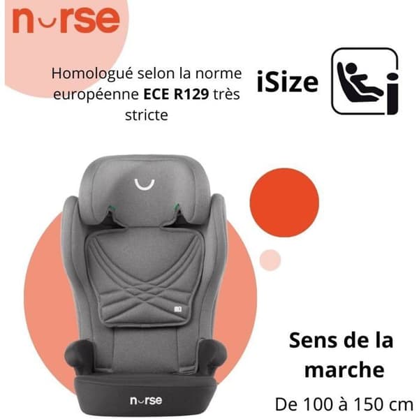 Bilbarnstol Nurse Spring iSize för Barn 4-12 År, Isofix, Fällbar, Nejlbar, Grå