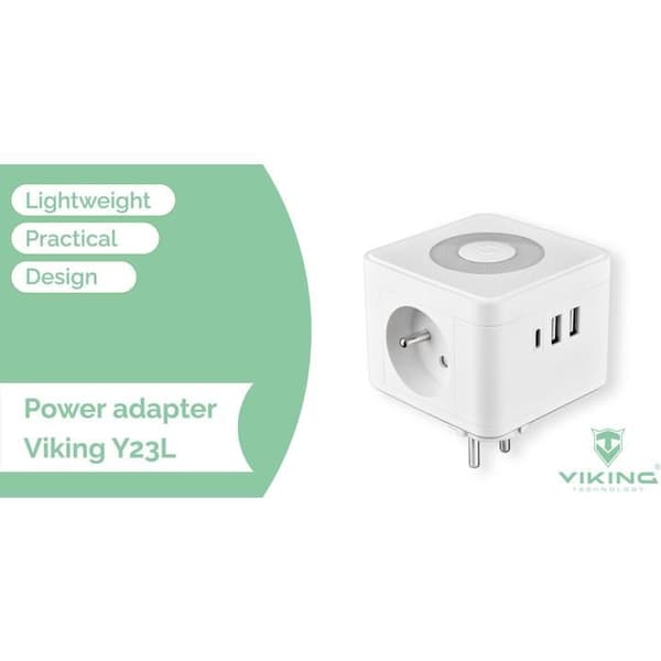 Strömadapter - VIKING - Y23L - Vit - 5 portar - Touch-ljus
