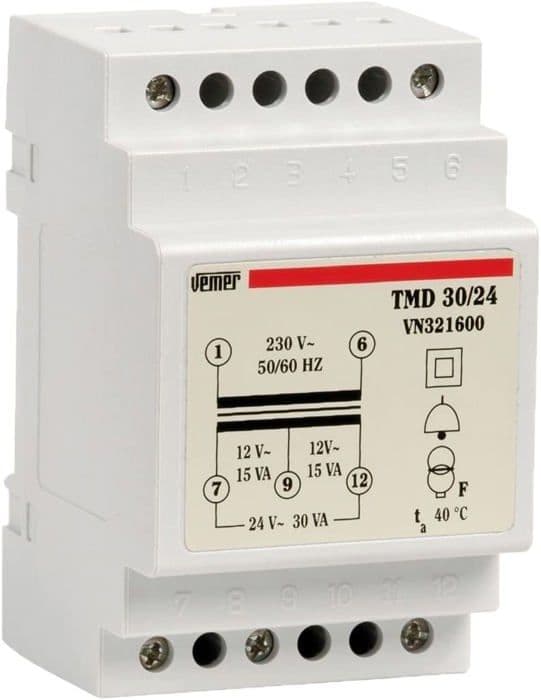 Säkerhetstransformator - VEMER - VN321600 - 230V→12-24V - 30 VA - 3 DIN-moduler