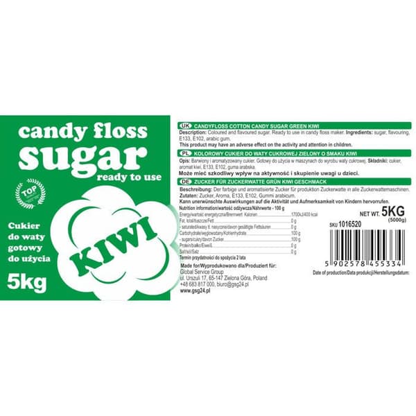 Färgat socker för sockervadd, grön, kiwismak, 5 kg