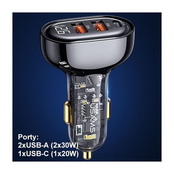 Bilaggregat - USAMS - 80W - 2xUSB + 1xUSB-C - Överhettningsskydd - Elegant design