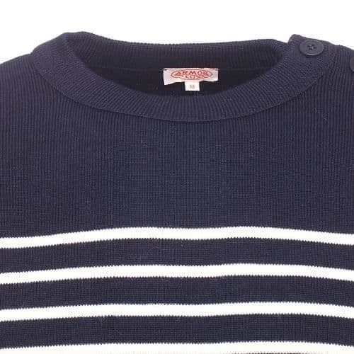 Pull - Armor Lux - Laine - Mörkblå med crème-ränder - Rund hals - Herr