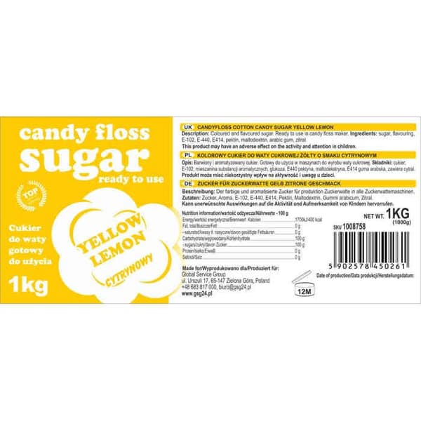 Färgat socker för sockervadd, gul, citronsmak, 1 kg