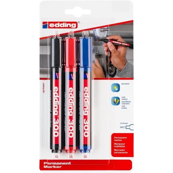 EDDING 300 Permanent marker assorterad, 3-pack — spets 1,5–3 mm, oföränderlig