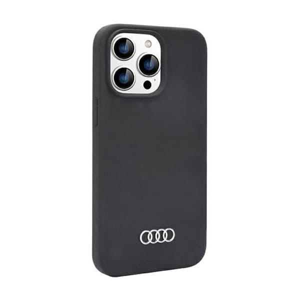 Audi-skal i silikon för iPhone 14 Pro Max — Svart bumper, metallisk logotyp, mikrofiberfoder
