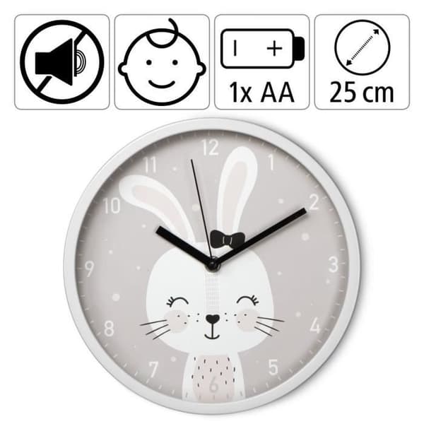 Väggklocka för barn - HAMA - Lovely Bunny - Tyst - Ø 25 cm - Grå