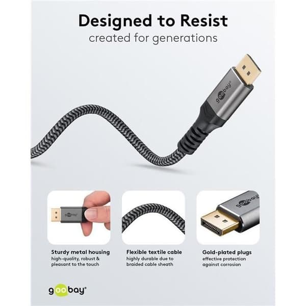 DisplayPort-kabel, DP 1.4, 3 m, Sharkskin Grey