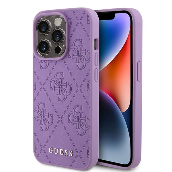 Guess läderfodral 4G präglad för iPhone 15 Pro Max - Ljuslila