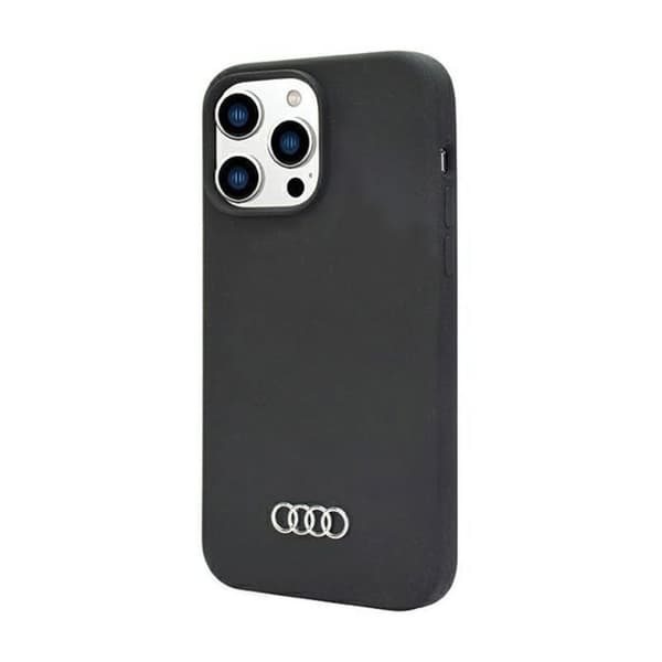 Audi-skal i silikon för iPhone 14 Pro Max — Svart bumper, metallisk logotyp, mikrofiberfoder