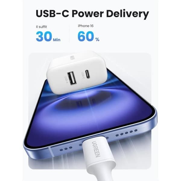 UGREEN Set med 2 Snabbladdare USB C Dubbelport 20W Väggadapter USB A