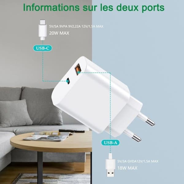 Nätadapter - MULTIM - 30008539 - 20W - USB-C QC3.0 & USB-A PD3.0 - Vit