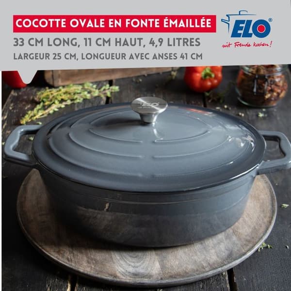Emaljerad gjutjärn oval cocotte 33 cm klassisk grå 5 L Elo