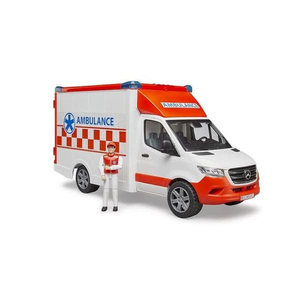 Ambulansleksak MB Sprinter - BRUDER - Förare ingår - Ljud- och ljusmodul - Tillbehör ingår
