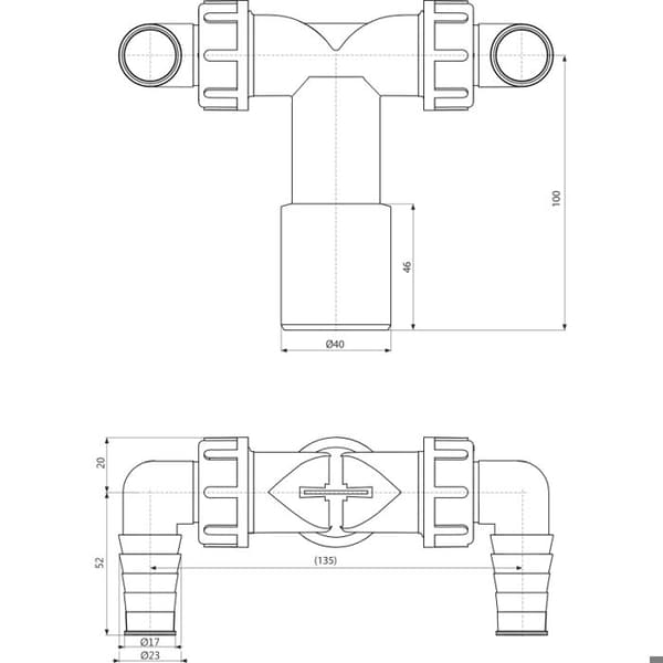 Sifonanslutning - ALCAPLAST - 40/32 mm - Backventil - Två utgångar - Polypropen