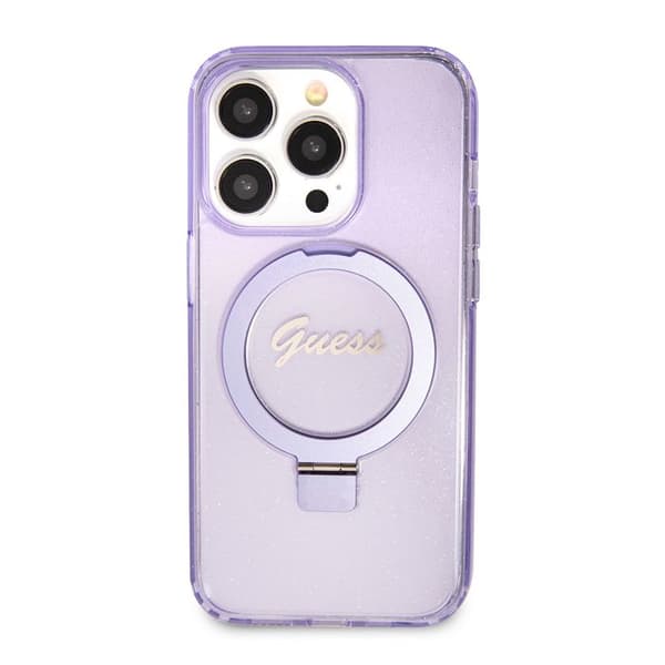 Coque Guess Ring Stand Script Glitter MagSafe för iPhone 15 Pro - Lila