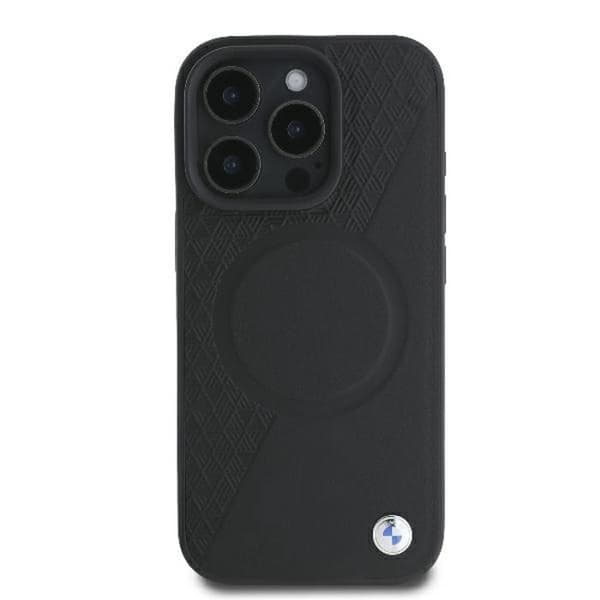 Mobilskal - BMW - iPhone 16 Pro - Prägad läder med halvtextur - MagSafe-ring - Svart