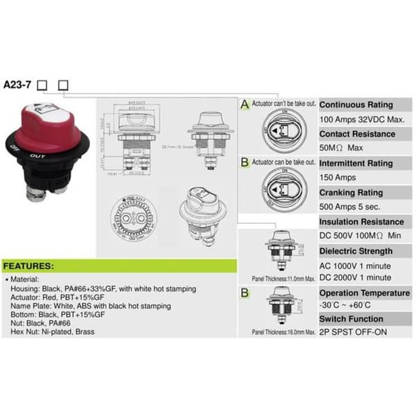 Batteribrytare - SCI - A23-7B - 32 V DC - 100 A - 1 pol Off/On med lås