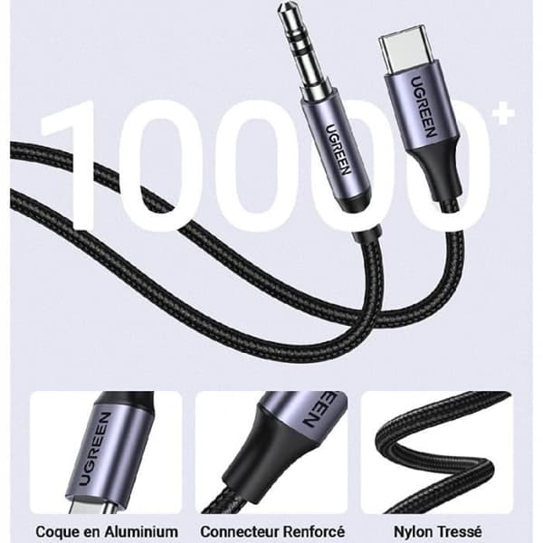 Ljudkabel - UGREEN - Typ-C / Jack 3,5mm - Flätad Nylon - 1M - Vit