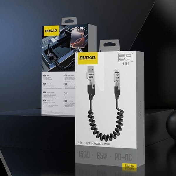 Spiral kabel 4 i 1 USB-A/USB-C - Lightning/USB-C - svart