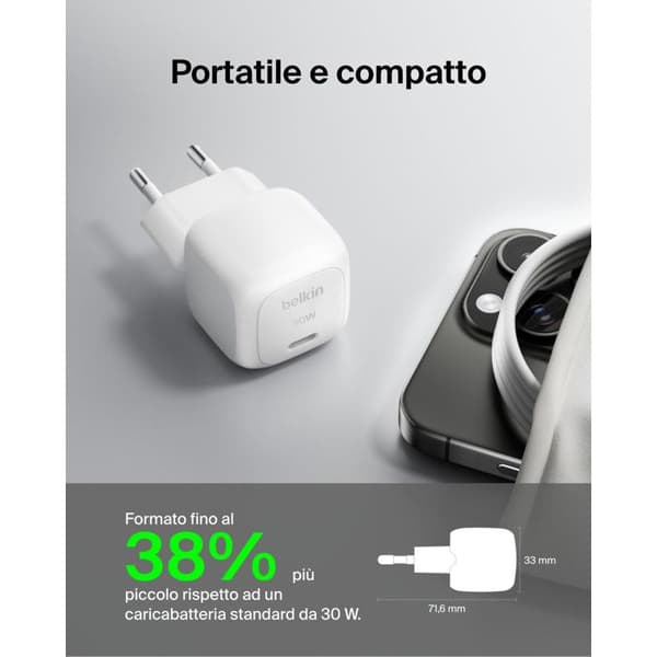 Belkin USB-C Snabbladdare 30W Vägg för iPhone iPad Samsung Galaxy Vit