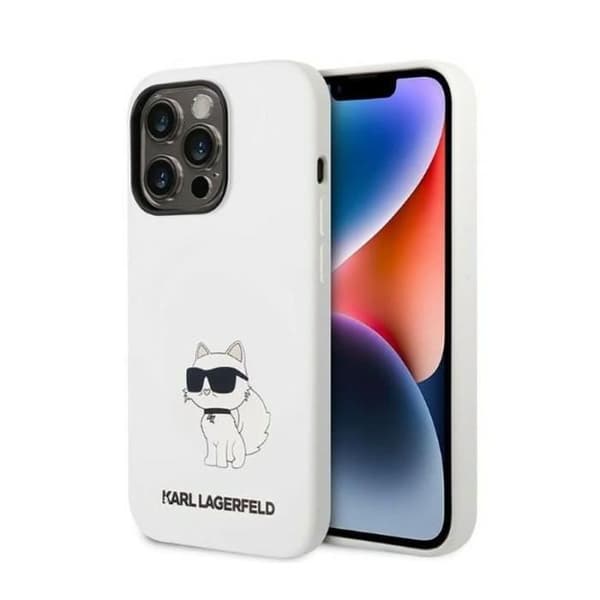 Smartphone-fodral - KARL LAGERFELD - iPhone 14 Pro Max - Mjuk silikon - Mikrofiberfoder - Choupette-mönster (vit)