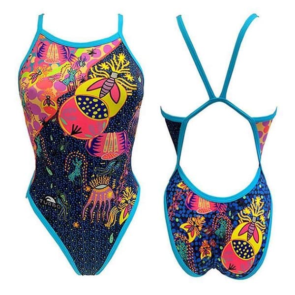 Turbo Huichol blå gul rosa simdräkt dam