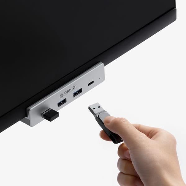 Orico MH4PC Hub USB-C 4 portar (3× USB-A 3.0 + 1× USB-C 3.0) silver, klämfäste