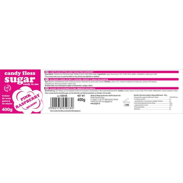 Färgat socker för sockervadd, rosa, hallonarom, 400 g