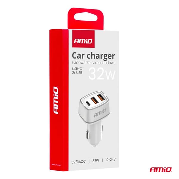 Bil laddare 2x USB-A + USB-C 32W AMIO-03890