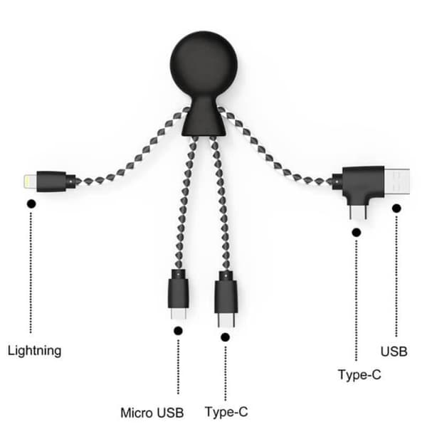 Multikontakt USB-C/USB/Lightning/Micro USB Laddningskabel i återvunnen plast Mr Bio Black