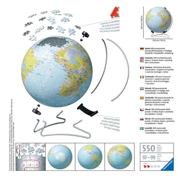 3D Globe Puzzle 540 bitar - Ravensburger - Lärorikt för barn - Inget lim - Från 12 år