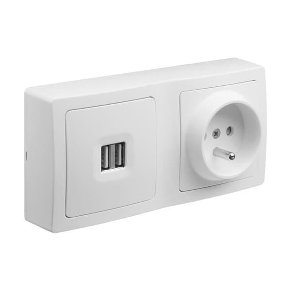 BLOK DUO USB-UTTAG DUBBEL 2,1A + ELUTTAG 2P+T VIT