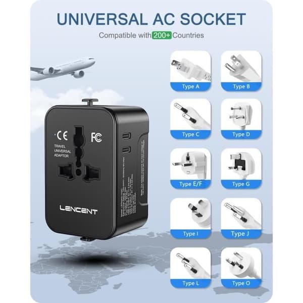 Reseadapter - LENCENT - Universell - 1 USB-A - 2 Typ C - Svart