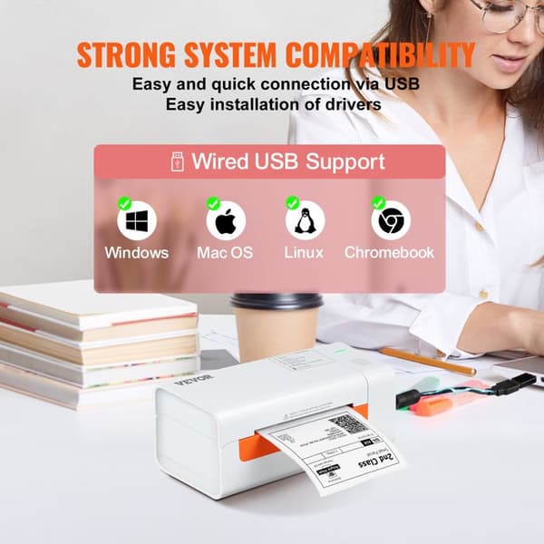 Termisk etikettskrivare - VEVOR - 4x6 - 203 dpi - USB - 150 mm/s - Vit
