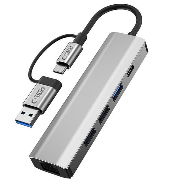 Adaptör Hub 5 i 1 - Tech-Protect HB03 - Typ-C, USB 2.0, USB 3.0, RJ45 - Grå sidereal