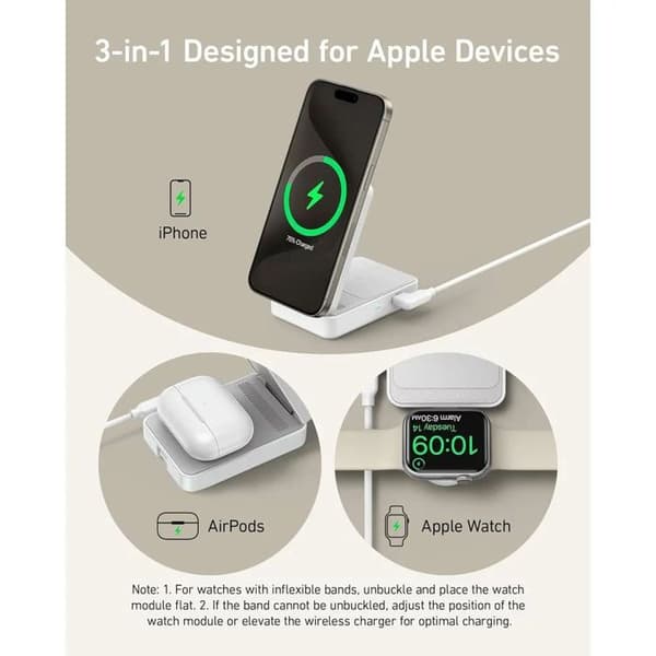 Laddstation - Anker - MagGo 3in1 - 15W - USB-C - Vit