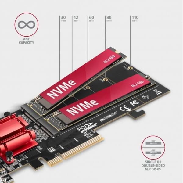 PCIe-adapter - AXAGON - PCEM2-ND - Stöder två M.2 SSD:er - Vit färg - Trådbunden