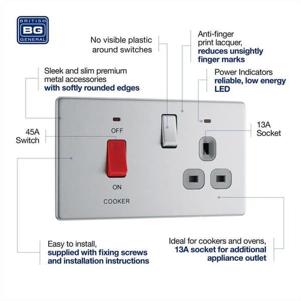 Strömbrytare - BG Electrical - fbs70g - Borstad stål - Grå - 250V