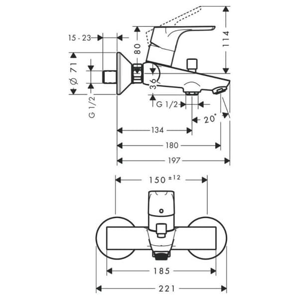 Blandare bad-dusch - HANSGROHE - FOCUS E2 - Kromad - Avstånd 150 mm - AirPower/QuickClean