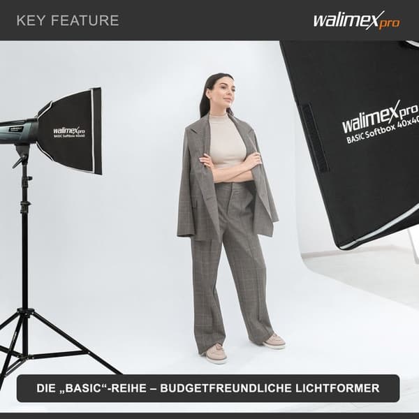 Walimex pro Basic Softbox Ljuslåda 40 x 40 cm, vridbar 360°, med fram- och mellan diffusor, transportväska, adaptern